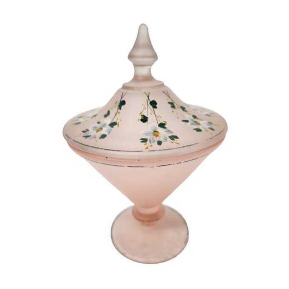 VTG Tiffin Glass Pink Satin Candy Dish Lidded Floral Hand Painted Rooted Classic - Picture 1 of 11